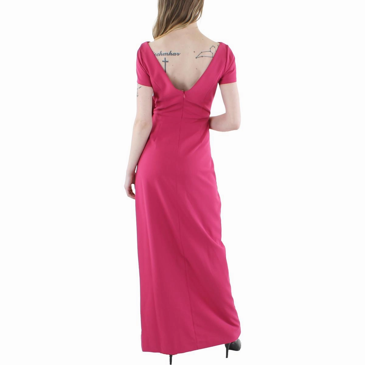 Womens Cascade Ruffle Column Evening Dress