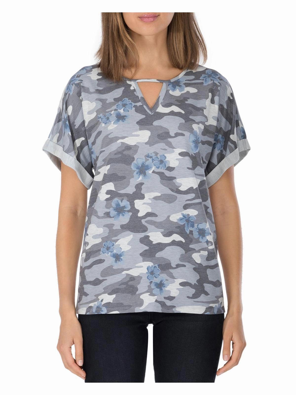 Womens Dolman Cuffed Keyhole Neckline Pullover Top