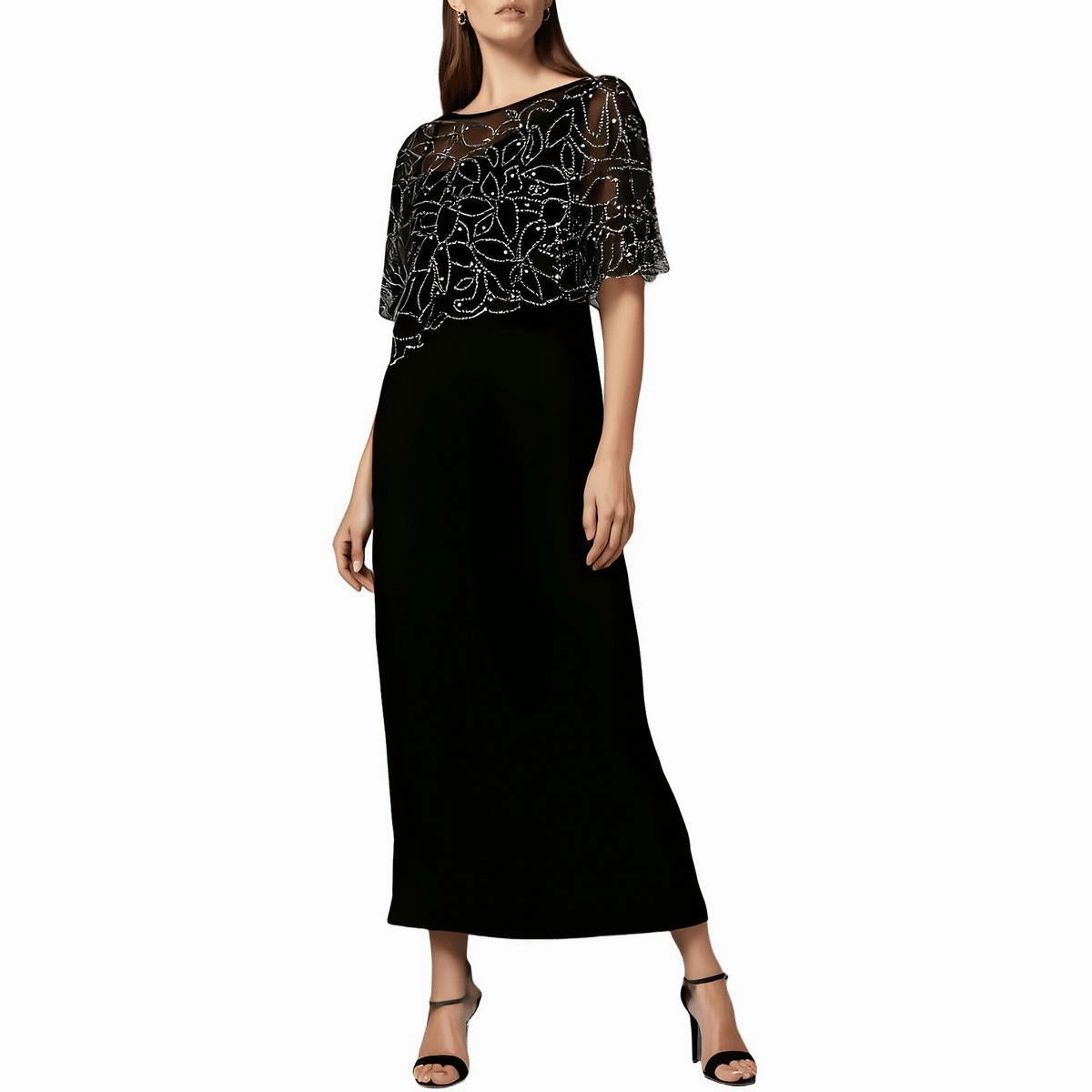 Womens Embellished Capelet Evening Dress