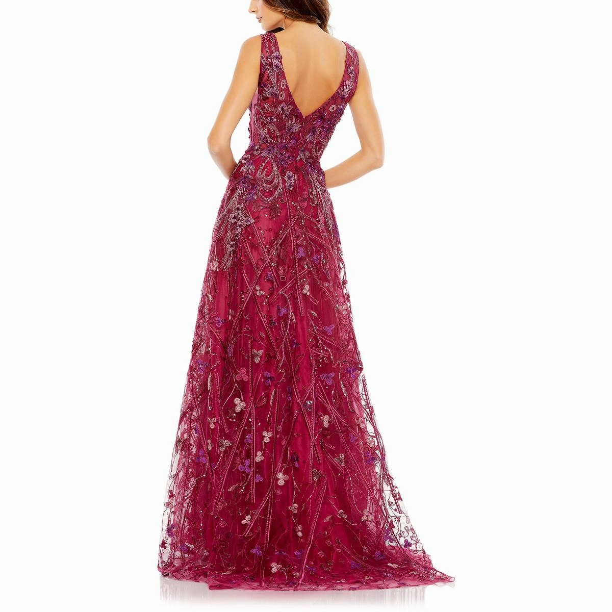 Womens Embellished Illusion Evening Dress