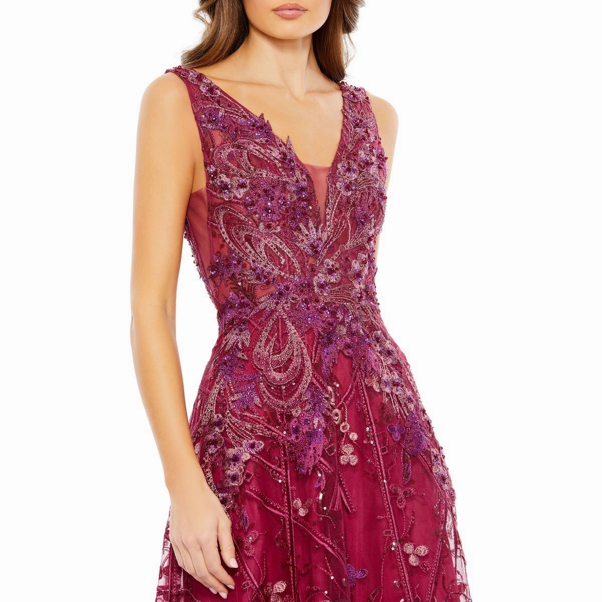 Womens Embellished Illusion Evening Dress