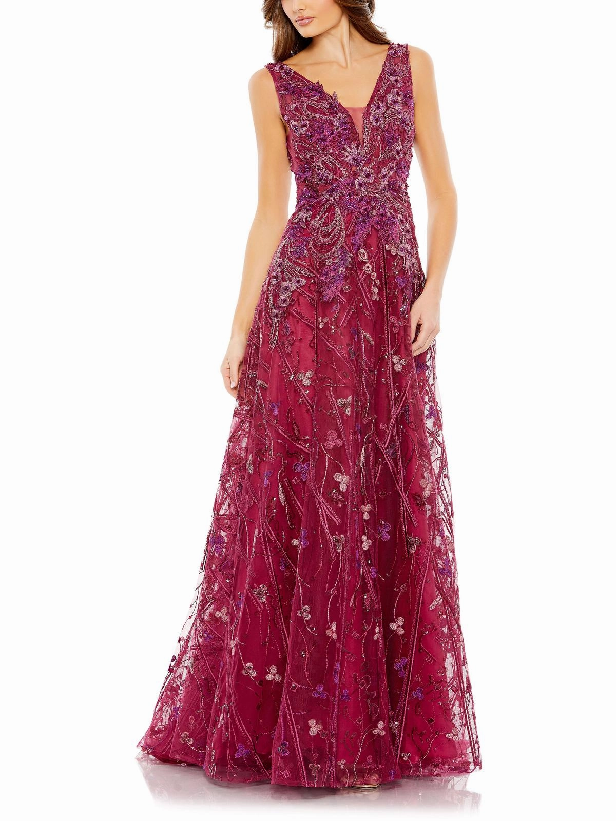 Womens Embellished Illusion Evening Dress