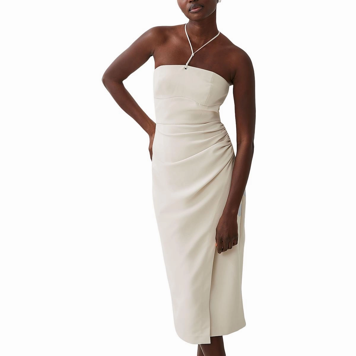 Womens Halter Shirred Midi Dress