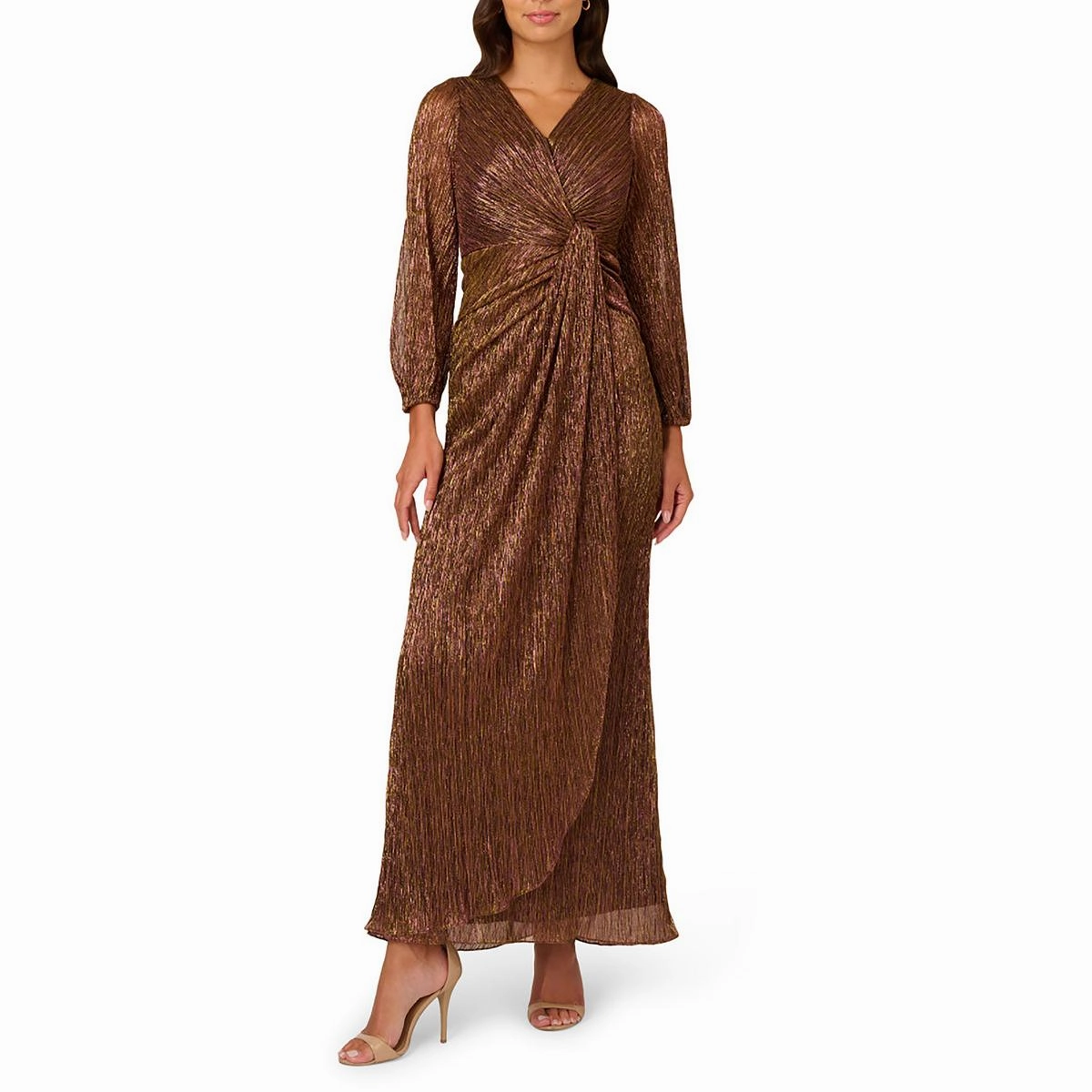 Womens Metallic Draped Evening Dress