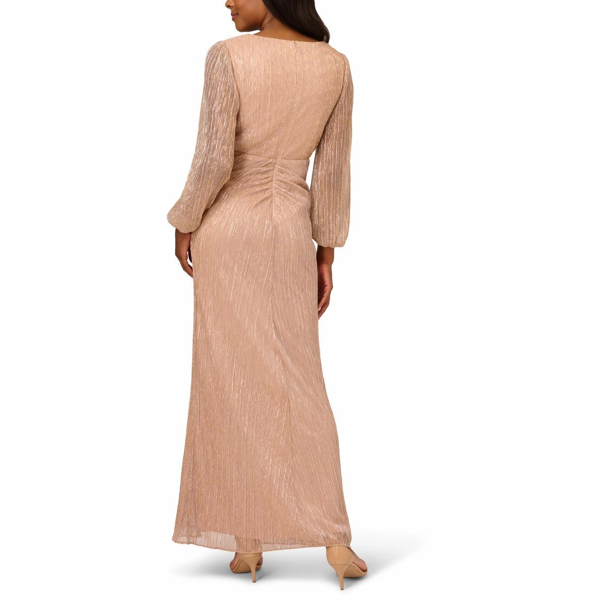 Womens Metallic Draped Evening Dress