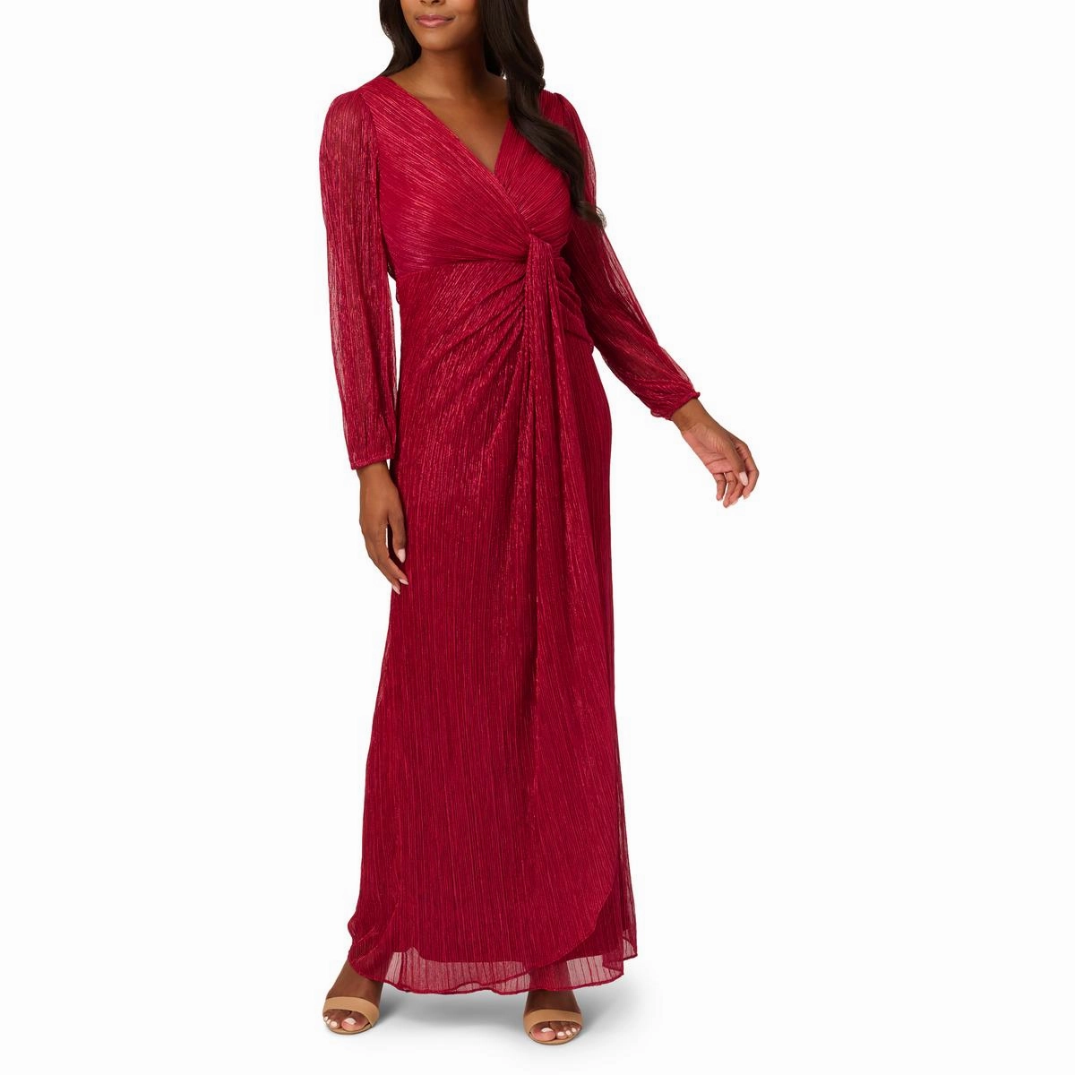 Womens Metallic Draped Evening Dress