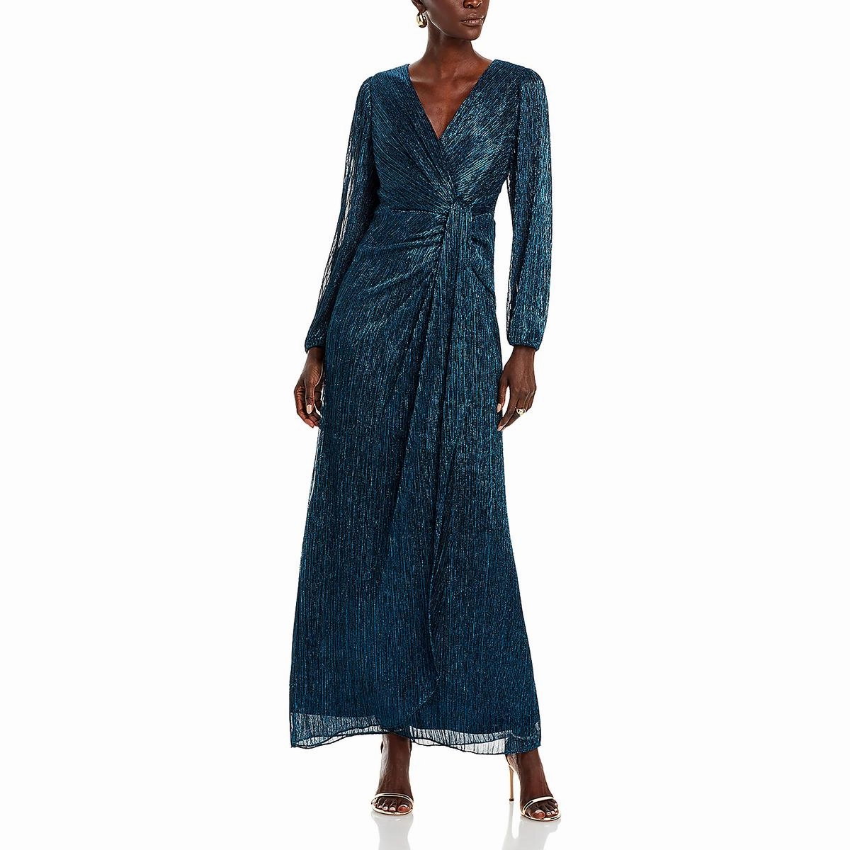 Womens Metallic Draped Evening Dress