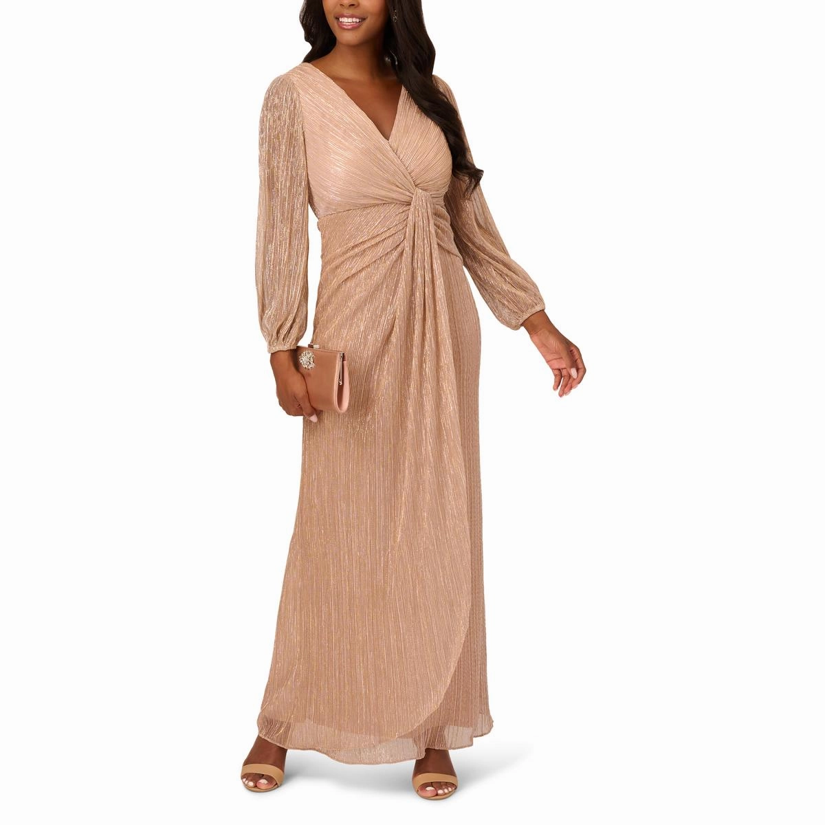 Womens Metallic Draped Evening Dress