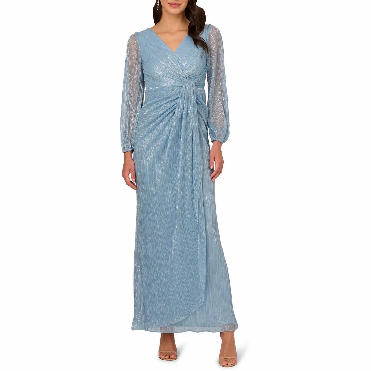 Womens Metallic Draped Evening Dress