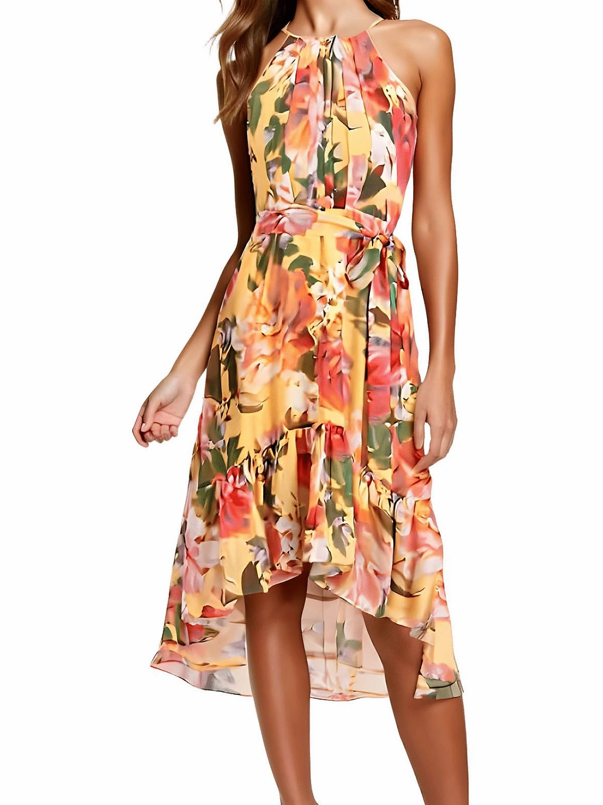 Womens Pleated Chiffon Halter Dress