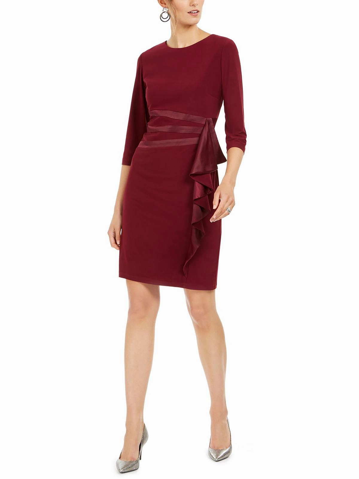Womens Ruffled Satin Sheath Dress