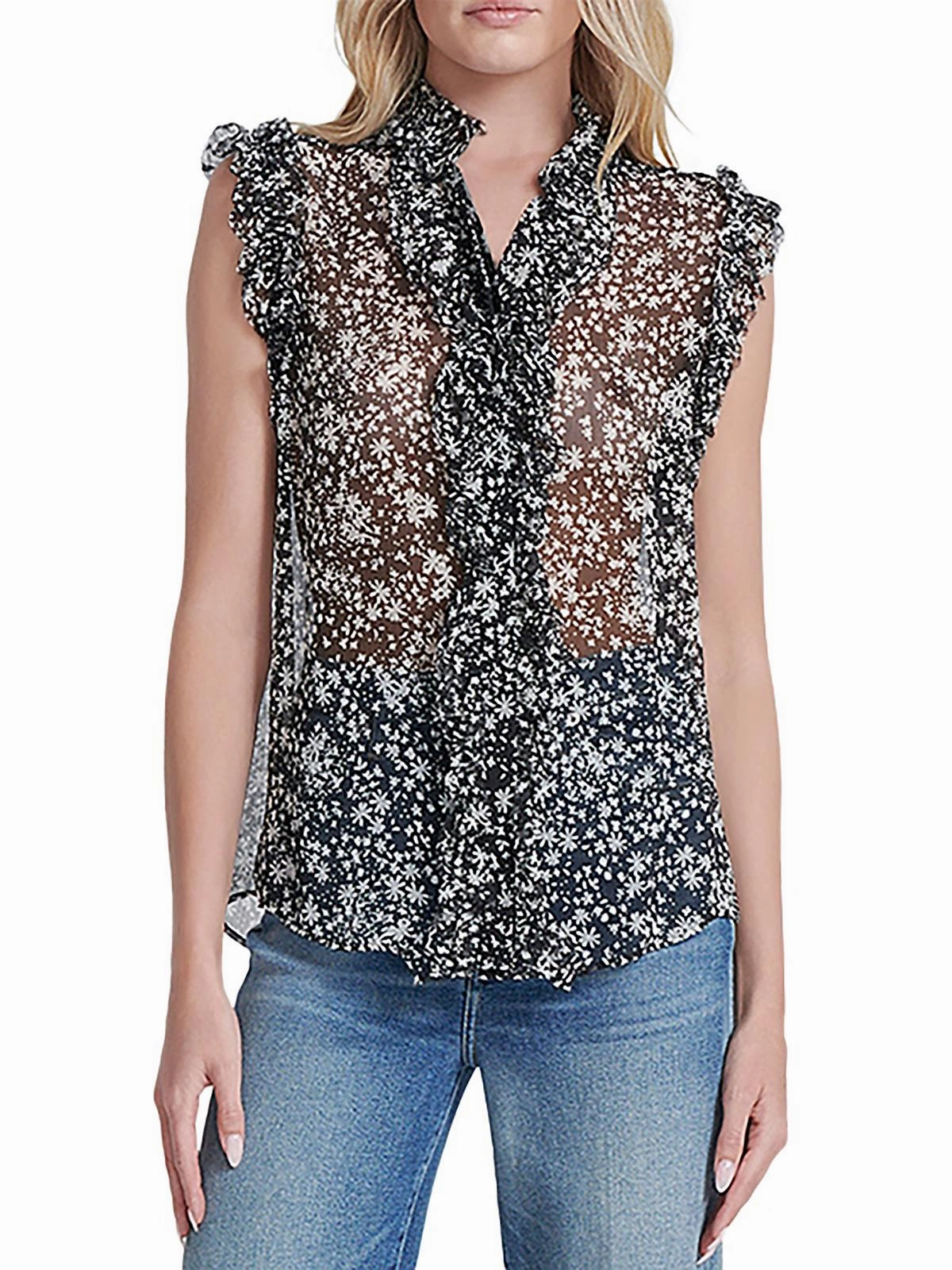 Womens Sheer V Neck Button-Down Top
