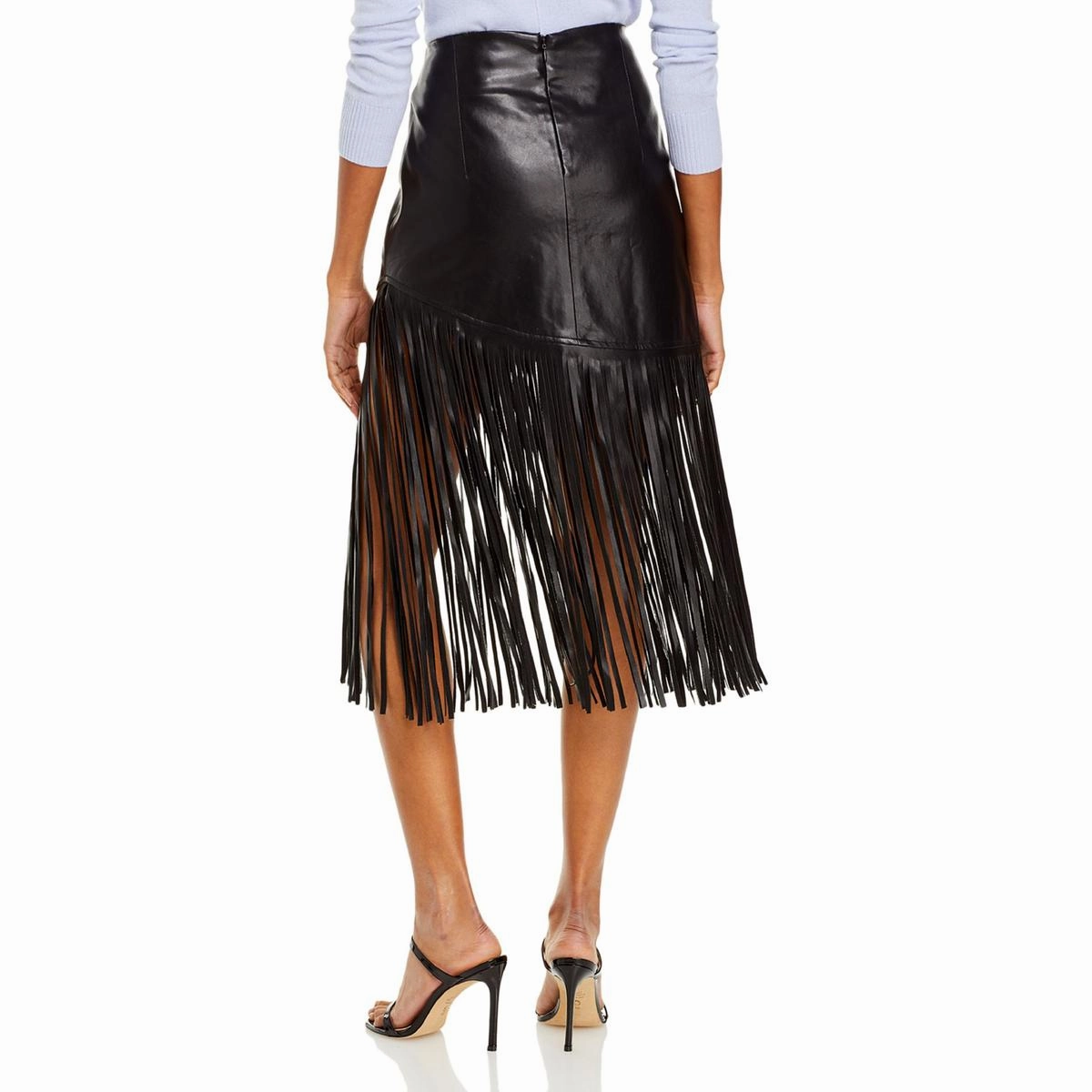Womens Vegan Leather Fringe Midi Skirt