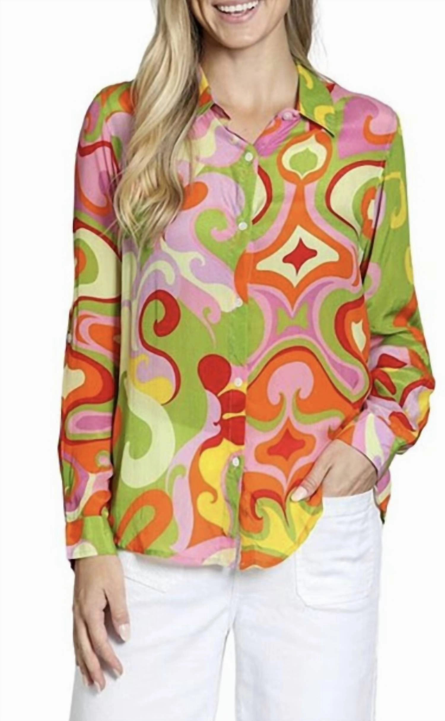 Woven Printed Long Sleeve In Green, Pink, Yellow, Orange, Red